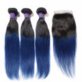 Mybhair Black Blue Ombre Straight Free Part Lace Closure With 3 Bundles  Virgin Hair SET