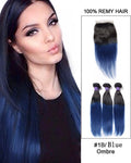 Mybhair Black Blue Ombre Straight Free Part Lace Closure With 3 Bundles  Virgin Hair