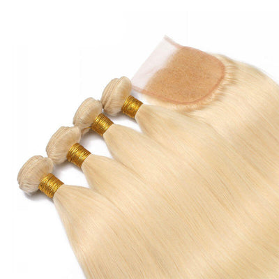 Mybhair Free Part Lace 3 Bundles With Closure Straight Virgin Hair For African American-#613 Blonde wig