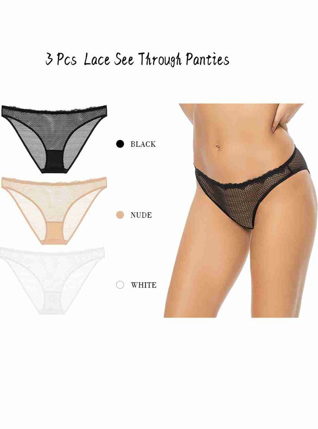 3 Pack Sexy Lace See Through Bikini Panties Multicolor - WingsLove