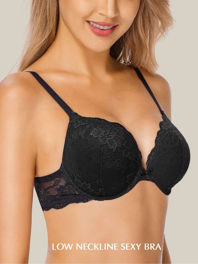 Floral Lace Push-Up Lightly Padded Demi Plunge Underwire Bra Black