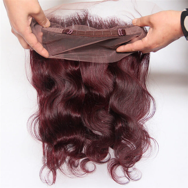 Brazilian Remy Hair Natural Loose 360 Lace Band Frontal Closure With Baby Hair Natural Hairline For Black Women-Plum Red #99J details