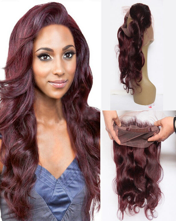 Brazilian Remy Hair Natural Loose 360 Lace Band Frontal Closure With Baby Hair Natural Hairline For Black Women-Plum Red #99J