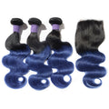 Mybhair Black Blue Ombre Virgin Hair 3 Bundles With Free Part Lace Closure Set