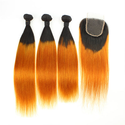 Mybhair Black Orange Ombre Straight Free Part Lace Closure Remy Hair