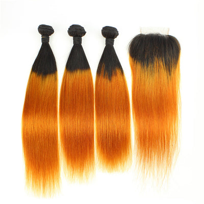 Mybhair Black Orange Ombre Straight Free Part Lace Closure With 3 Bundles Remy Hair set