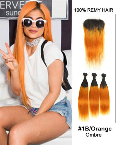 Mybhair Black Orange Ombre Straight Free Part Lace Closure With 3 Bundles Remy Hair