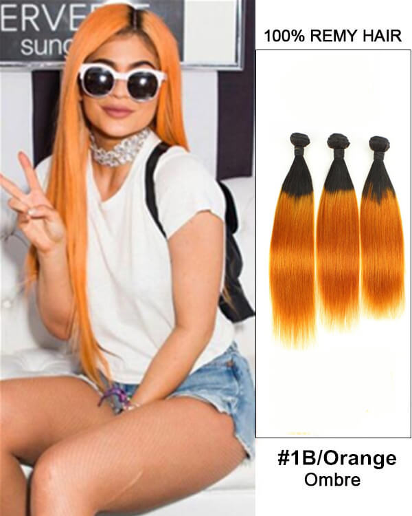 Mybhair Black Orange Two Tones Straight Hair Weft Peachy Remy Human Hair Extensions