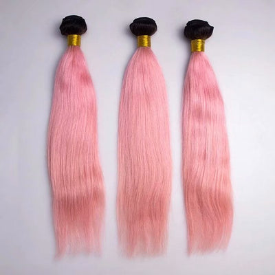 Mybhair Black Pink Ombre Hair Weave Weft Straight Remy Human Hair Extensions 3 Bundles