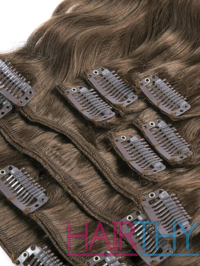 Mybhair Body Wave Clip in Remy Human Hair Extensions For Thin Hair - 9pcs #8 Light Chestnut  Clips
