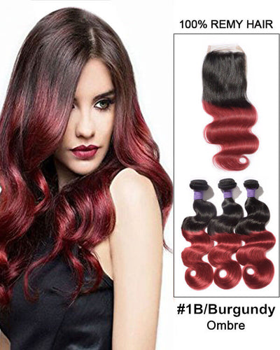 Mybhair Ombre Body Wave 3 Bundles With Free Part Lace Closure Virgin Hair