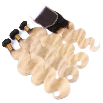 Mybhair Virgin Hair Body Wave Free Part Lace Closure With 3 Bundles
