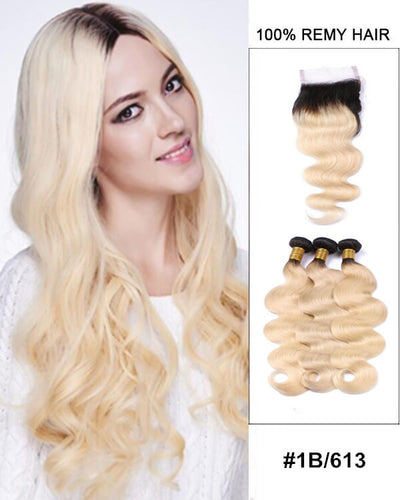 Mybhair Virgin Hair Body Wave Free Part Lace Closure With 3 Bundles For Women