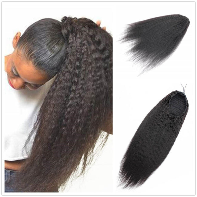 Kinky Straight Brazilian Remy Human Hair Drawstring Ponytail Clip In Hair Extensions