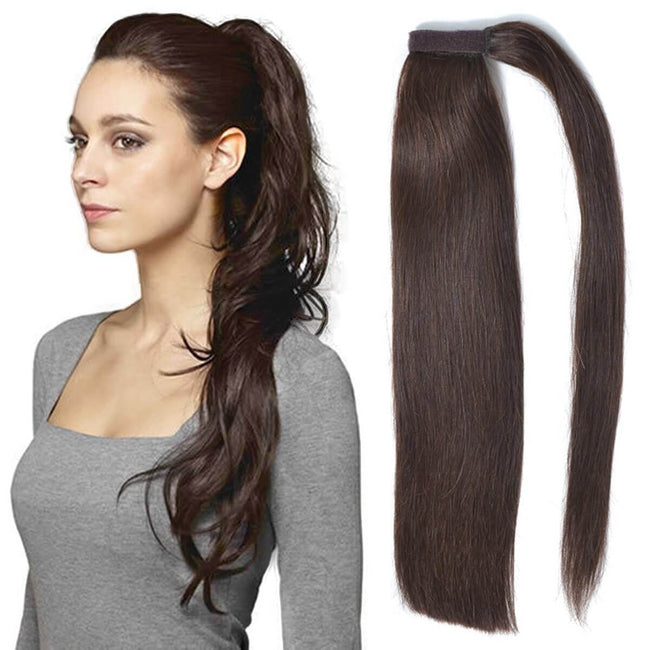 MYB Dark Brown Silky Straight Remy Human Hair Wrap Clip-in Ponytail Hairpieces 1