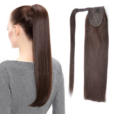 MYB Dark Brown Silky Straight Remy Human Hair Wrap Clip-in Ponytail Hairpieces back