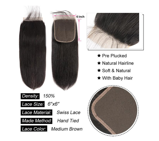 MYBhair Natural Black 6x6 Lace Closure Brazilian Straight Virgin Human Hair 5