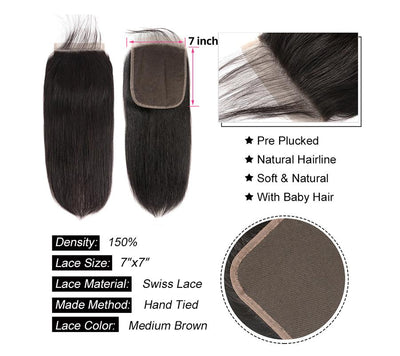 MYBhair Natural Black 7x7 Lace Closure Brazilian Straight Virgin Human Hair Details 2