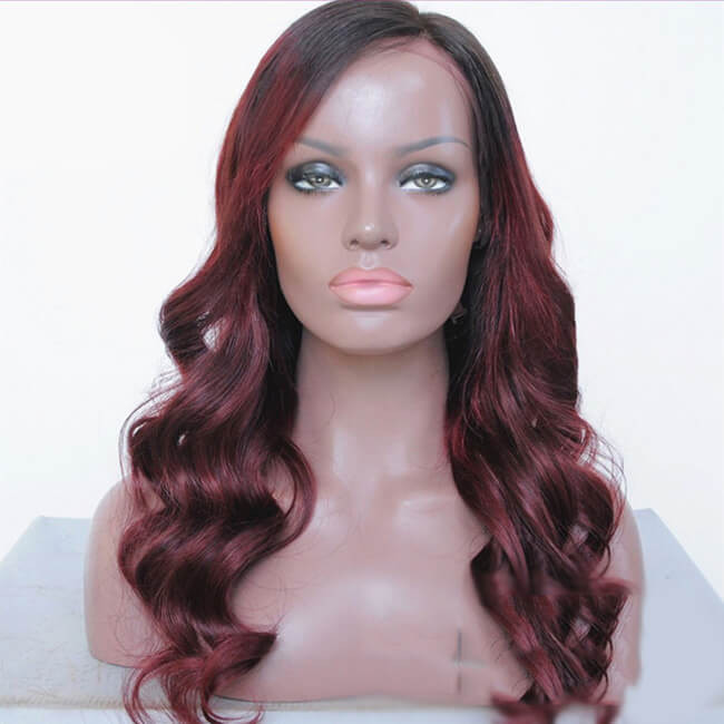 Mybhair Black Plum Red Ombre 100% Remy Hair Human Hair Full Lace Wig-#1B/99J  Body Wave