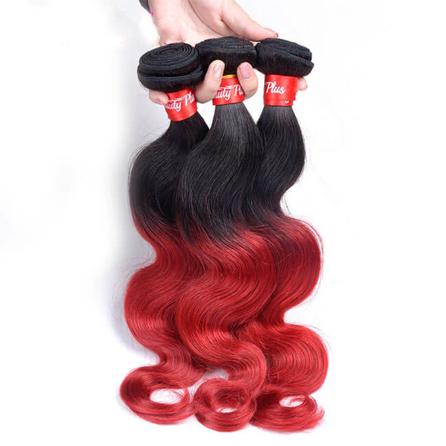 Mybhair Hair Weave Body Wave Weft Remy Human Hair Extensions - Black Red Ombre Hair Two Tones show