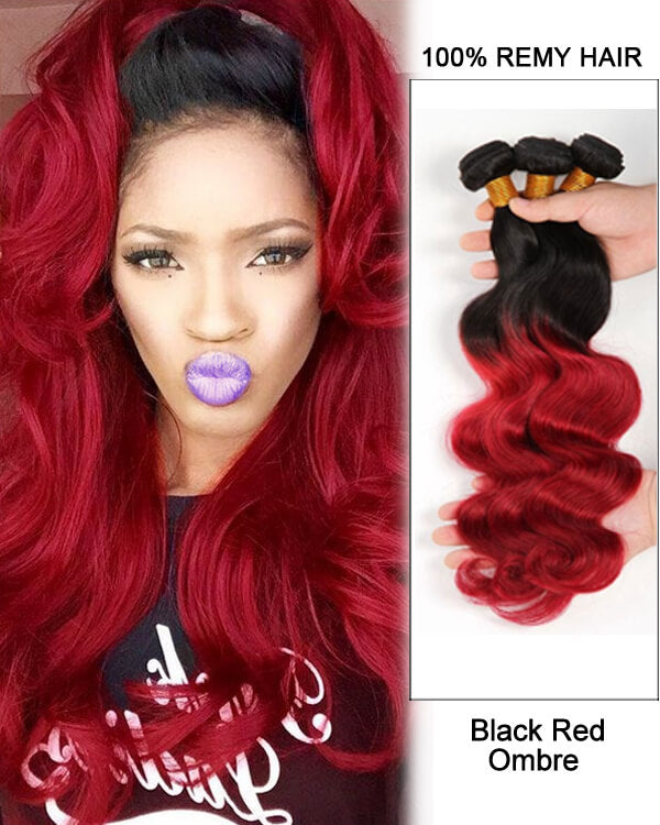 Mybhair Hair Weave Body Wave Weft Remy Human Hair Extensions - Black Red Ombre Hair Two Tones