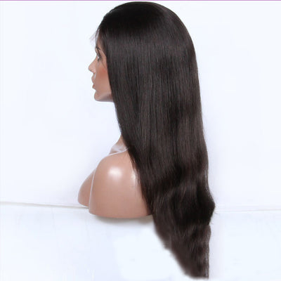 Mybhair Natural Straight brazilian Remy Human Hair Full Lace Wigs-#1B Natural Black Left side