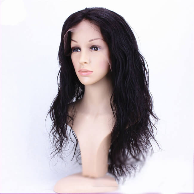 Mybhair Wavy 100% Brazilian Remy Hair Full Lace Human Hair Wig-#1B Natural Black Left side