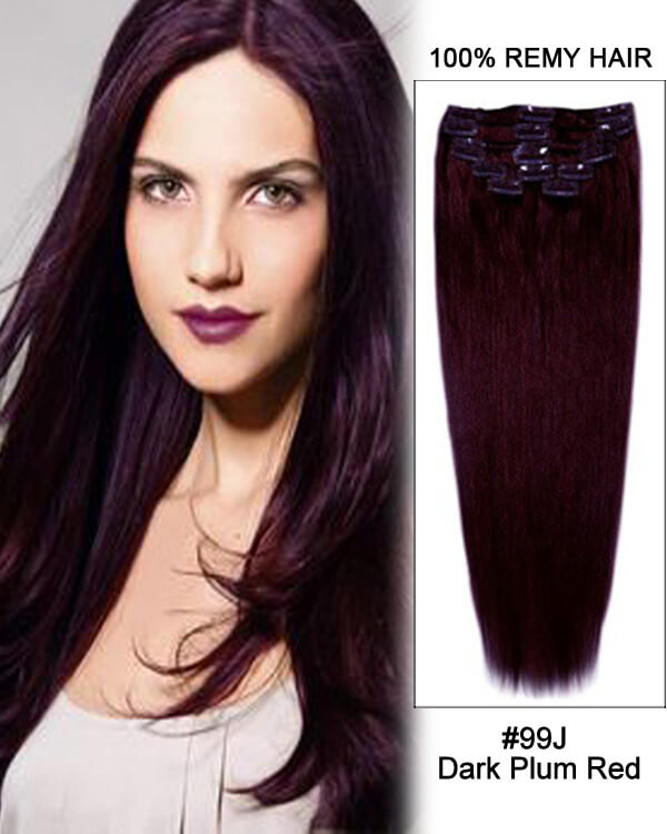 Mybhair Straight Clip in Remy Human Hair Extensions For Thin Hair - 11pcs #99J Dark Plum Red