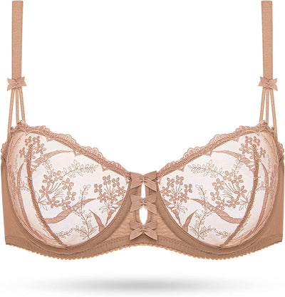 Embroidered Lace Unlined Bra Demi Sheer See Through Underwire Bras Mocha Latte - WingsLove
