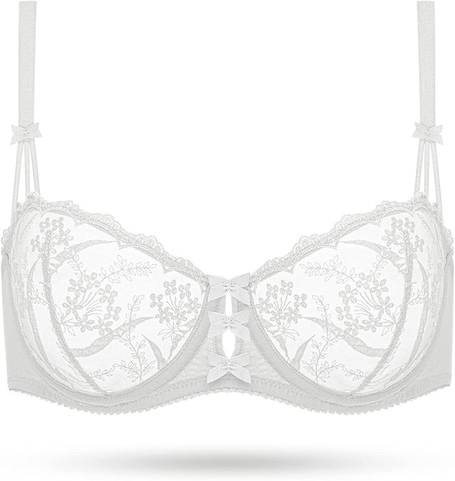Embroidered Lace Unlined Bra Demi Sheer See Through Underwire Bras White - WingsLove