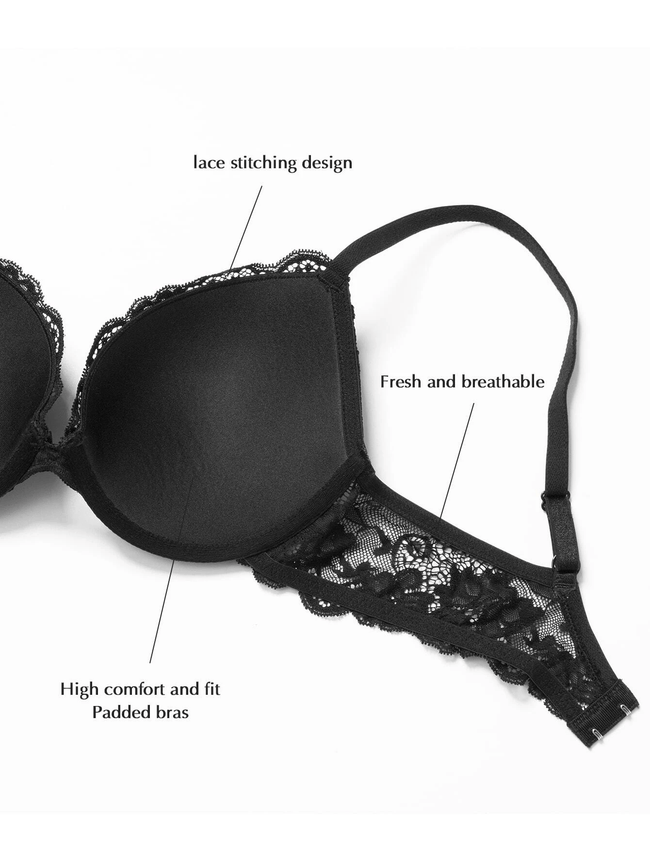 Floral Lace Push-Up Lightly Padded Demi Plunge Underwire Bra Black - WingsLove