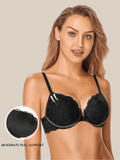 Floral Lace Push-Up Lightly Padded Demi Plunge Underwire Bra Black - WingsLove