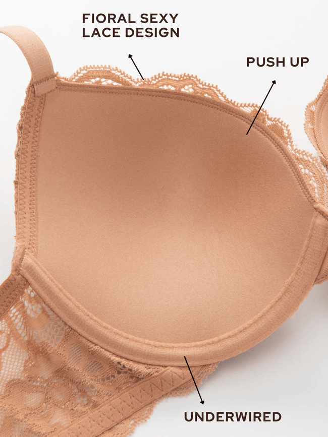 Floral Lace Push-Up Lightly Padded Demi Plunge Underwire Bra Coffee - WingsLove