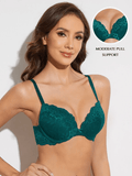 Floral Lace Push-Up Lightly Padded Demi Plunge Underwire Bra Green - WingsLove