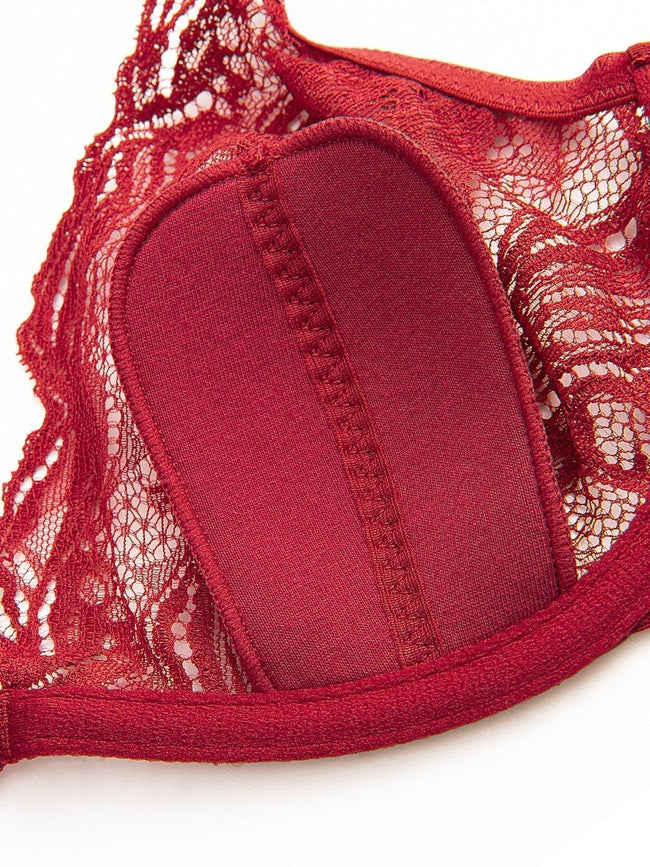 Lace Unlined Sheer Lightly Padded Demi Bra Red - WingsLove