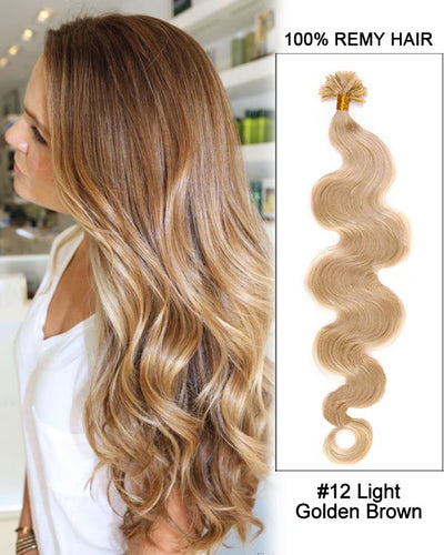 Mybhair Light Golden Brown Body Wave Nail Tip U Tip Remy Human Hair Keratin fusion Hair Extensions