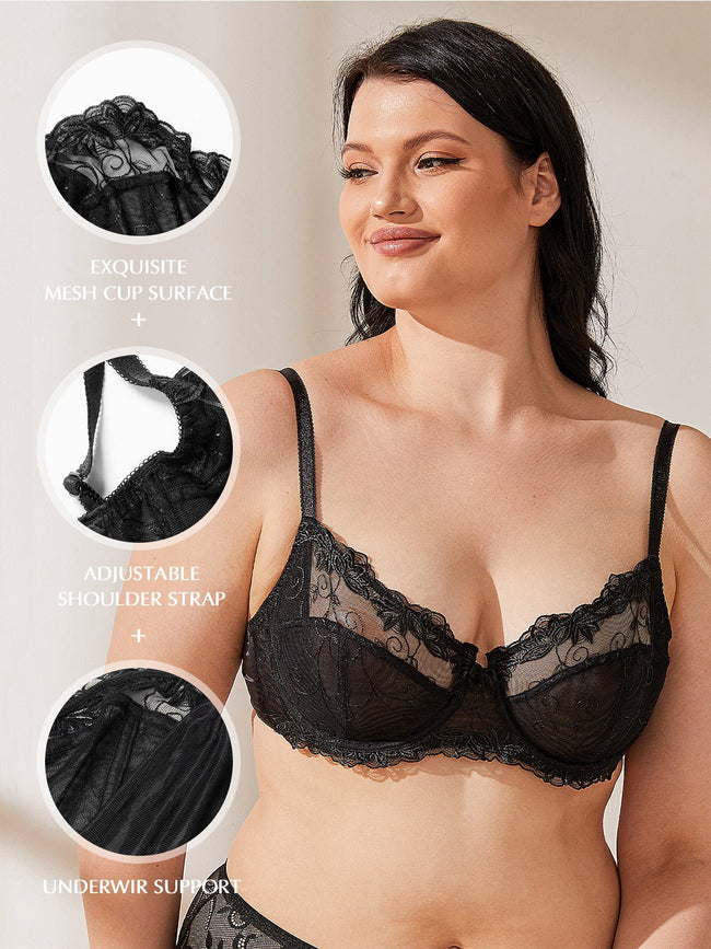 Plus Size See Through Unlined Underwire Lace Bra Black - WingsLove