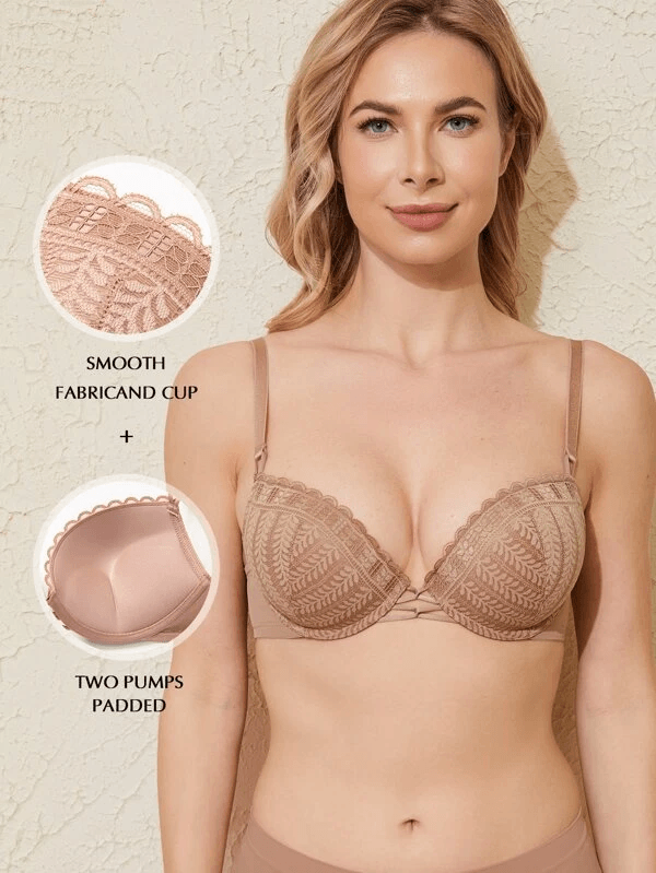 Push Up Floral Lace Underwire Bra Milk Coffee - WingsLove