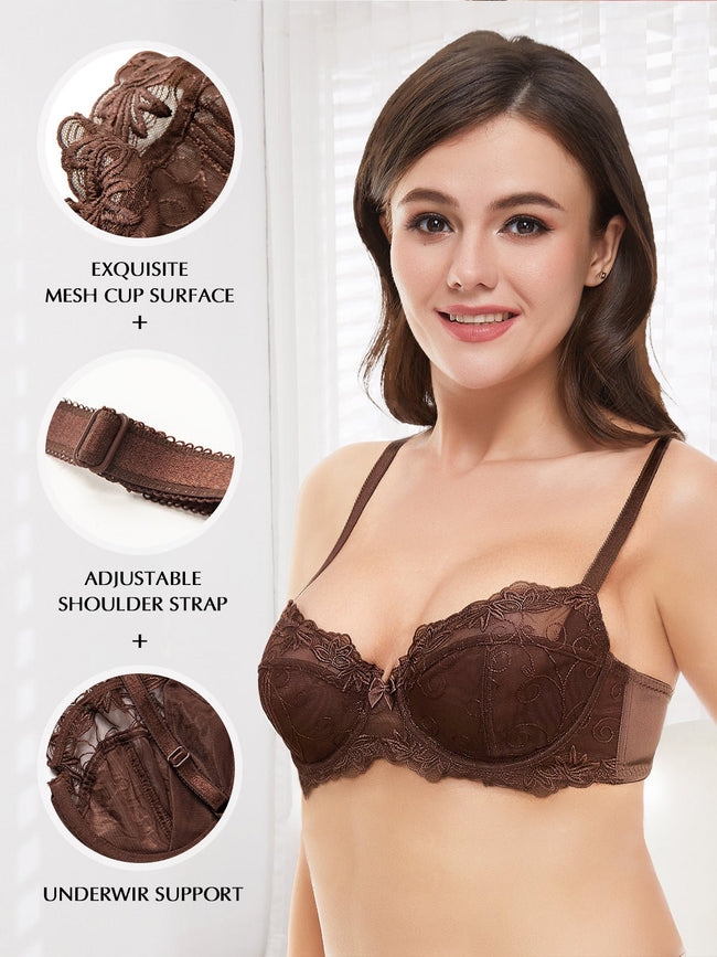 See Through Embroidered Bra Chocolate Brown - WingsLove