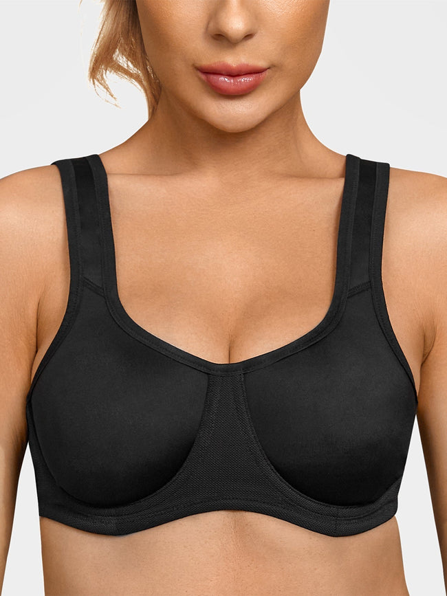 Sports Bra High Impact Underwire Non-Padded Soft Cups Black - WingsLove