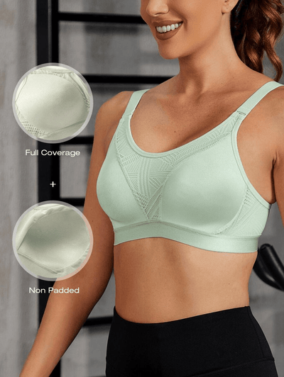 Wireless Full Coverage Workout Bra No Padded Plus Size Cross Back Exercise Sports Bra Green - WingsLove