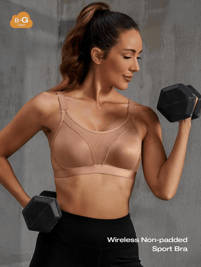 Wireless Full Coverage Workout Bra No Padded Plus Size Cross Back Exercise Sports Bra Milk Coffee - WingsLove