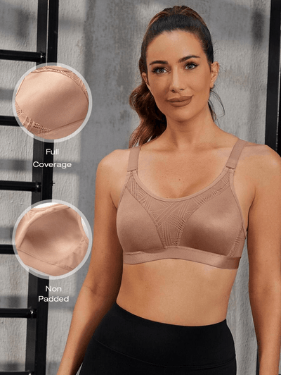 Wireless Full Coverage Workout Bra No Padded Plus Size Cross Back Exercise Sports Bra Milk Coffee - WingsLove